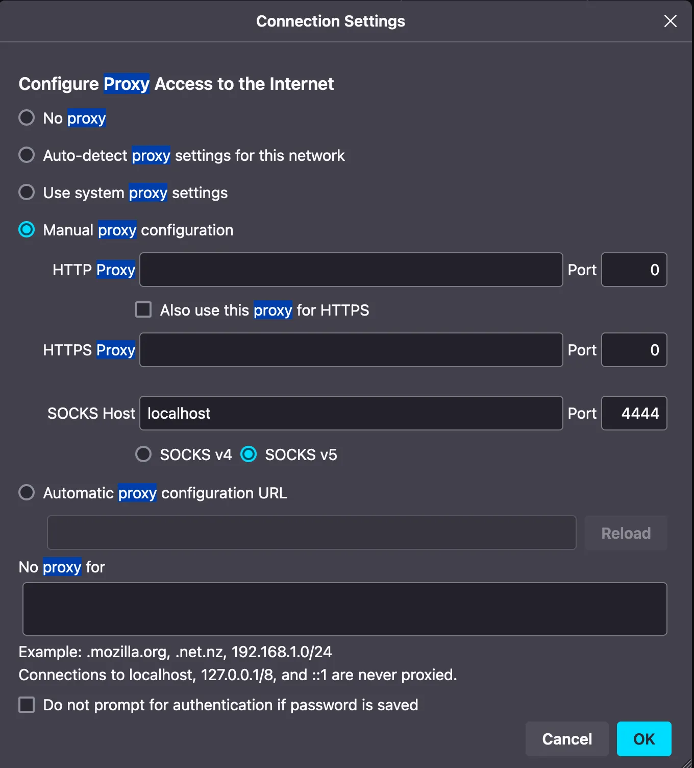 Firefox SOCKS5 proxy configuration